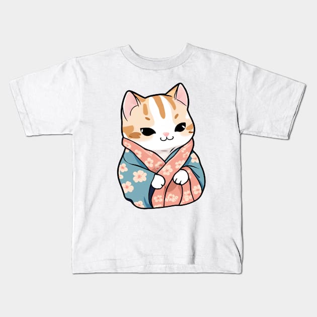 Cute cat in a kimono Kids T-Shirt by InkPulse